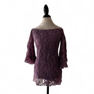 Elan Off Shoulder Lace Bell Sleeve Mini Dress Purple Size Medium